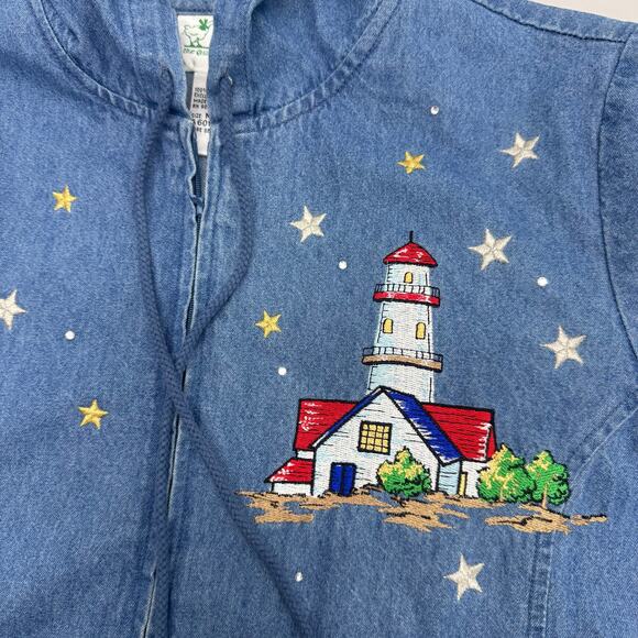 VTG Quacker Factory Embroidered Denim Lighthouse Zip Hoodie Sweater Nautical M - Picture 6 of 9